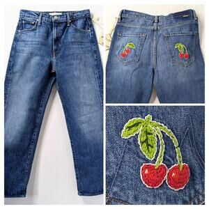 MOTHER Superior Dodger Ankle Jeans 27 Green Thumb NWT Cherry Embroidery Cotton
